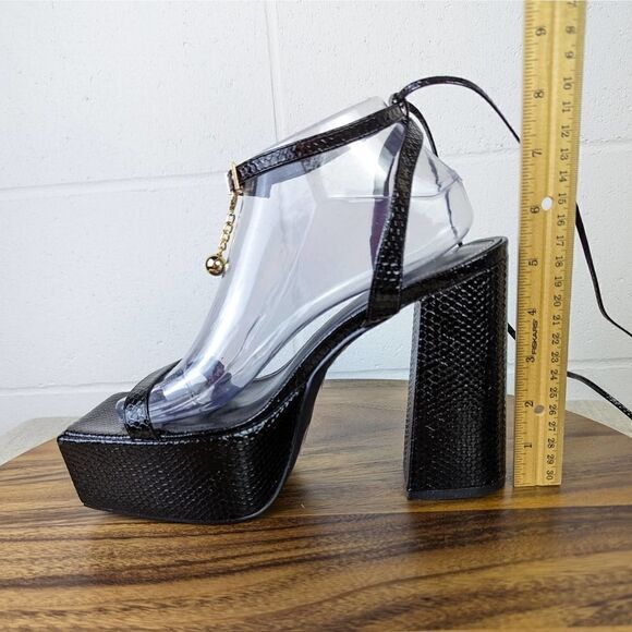 Simmi London Daina Black Patent Faux Snake Print Lace Up Platform Block Heel - Picture 15 of 16